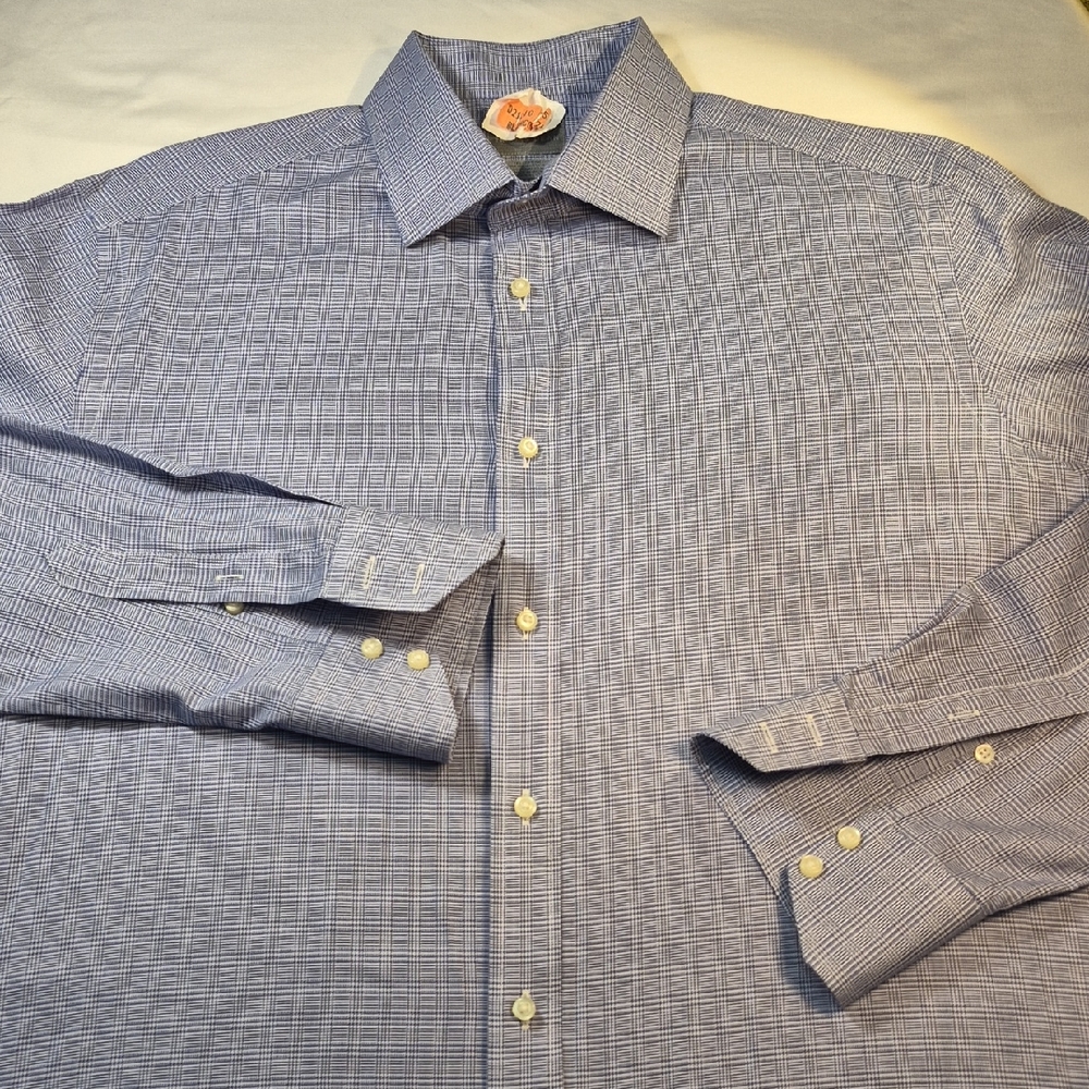 Thomas Dean Long Sleeve Button Down Mens Dress Shirt Blue Patterned Checks